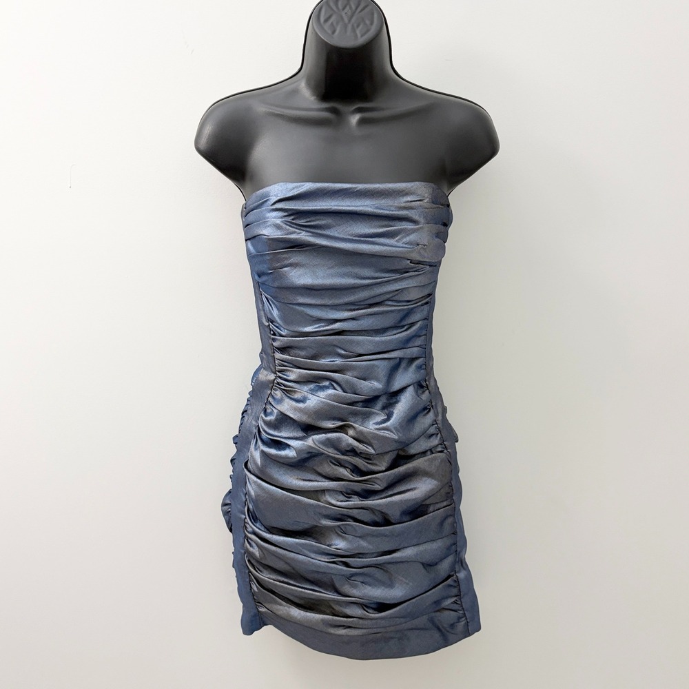 Cache Vintage Dress Strapless Ruched Bodycon Size 8 Blue Metallic